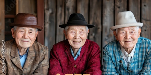 Three elderly individuals wearing colorful jackets and hats, smiling warmly against a rustic wooden backdrop.