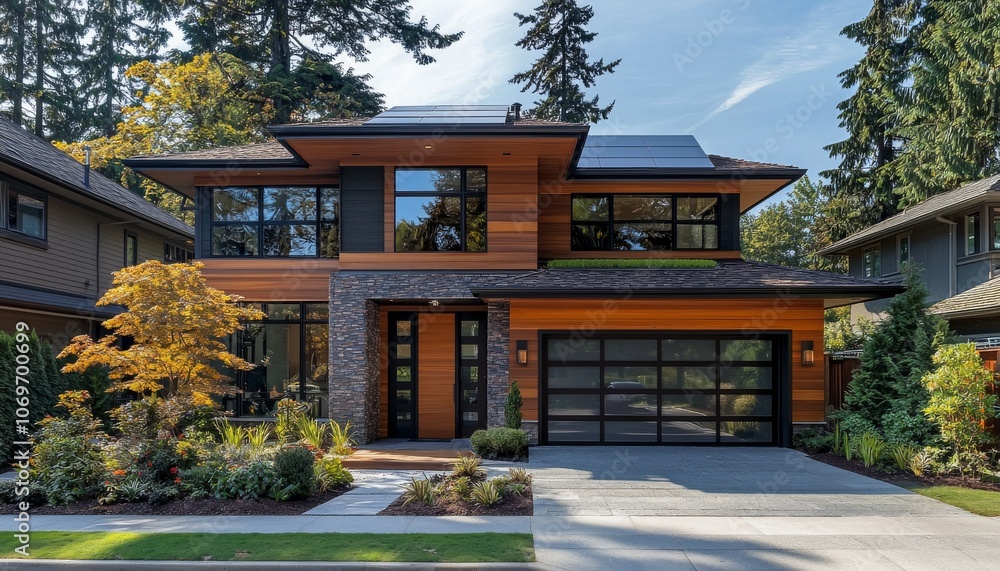 Fototapeta premium A modern house featuring a blend of wood and stone design, large windows, and lush landscaping, set against a backdrop of tall trees.
