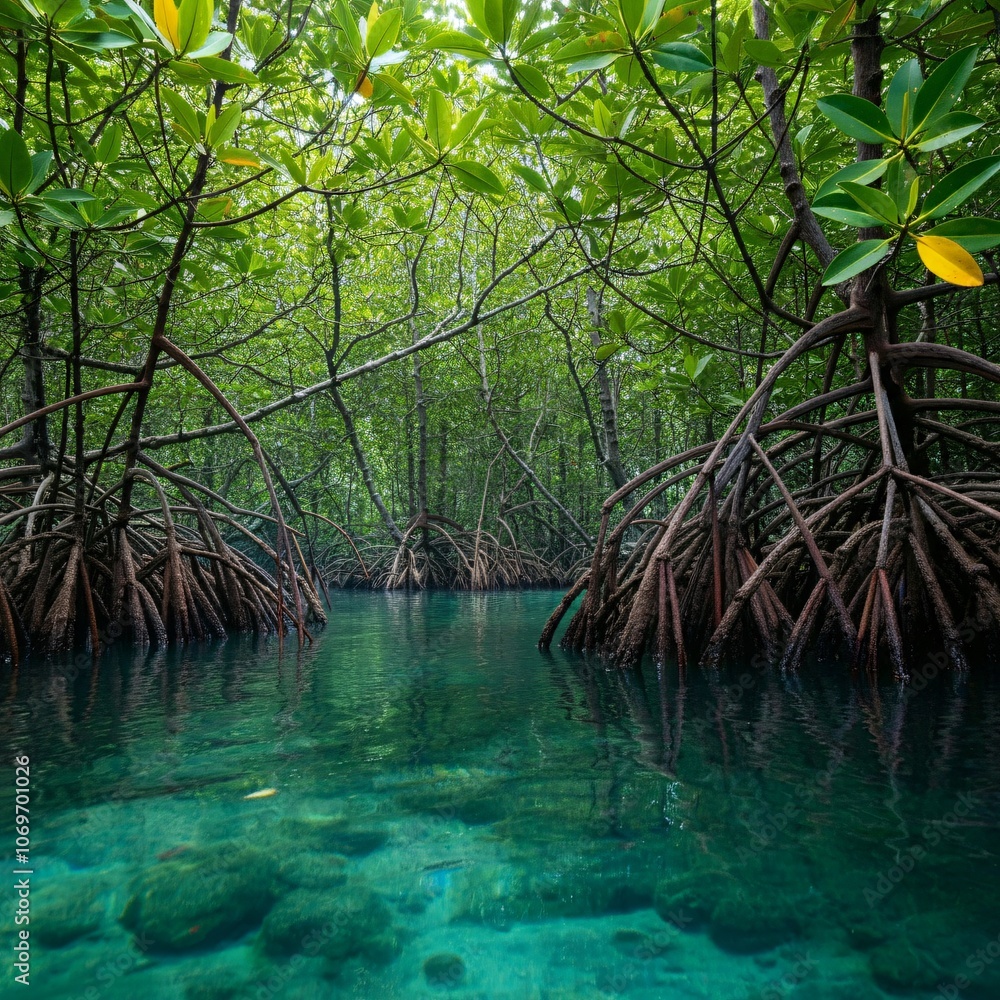 Obraz premium Dense mangrove forest with winding roots growing in crystal-clear water