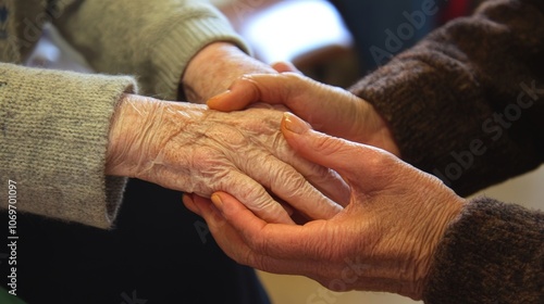 Nursing assistant providing hands-on care to an elderly patient, showing compassion and support photo