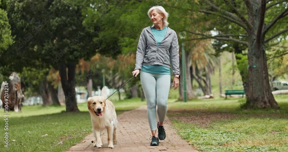 Park, walking and senior woman with dog for exercise, training and animal care in morning. Happy, pet and mature person with Labrador outdoors for wellness, health and fitness together in nature Park, walking and senior woman with dog for exercise, training and animal care in morning. Happy, pet and mature person with Labrador outdoors for wellness, health and fitness together in nature