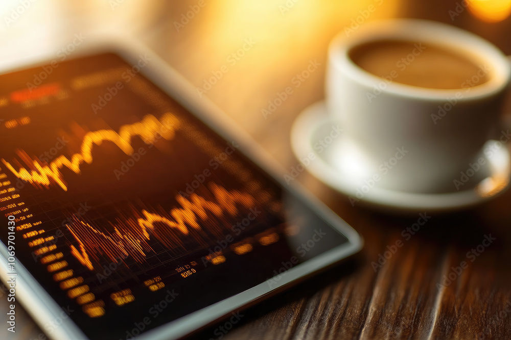 Market Trends on Screen, a digital tablet showcases stock market graphs, accompanied by a steaming coffee cup for a productive atmosphere. Market Trends on Screen, a digital tablet showcases stock market graphs, accompanied by a steaming coffee cup for a productive atmosphere.