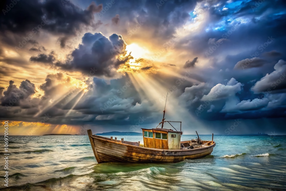 An Old Wooden Fishing Boat Anchored in the Ocean Amidst a Beautiful Stormy Sky, Anticipating the Coming Tempest with Waves Lapping Gently Around Its Hull An Old Wooden Fishing Boat Anchored in the Ocean Amidst a Beautiful Stormy Sky, Anticipating the Coming Tempest with Waves Lapping Gently Around Its Hull