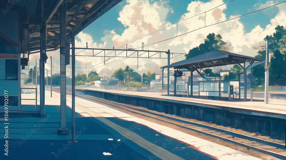 Fototapeta premium 晴れ渡る青空の下、日本の地方駅ホーム｜静寂な風景と線路のある夏の日