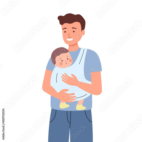 Happy young father carrying baby in sling. Man parent walking with infant, toddler in baby carrier wrap.