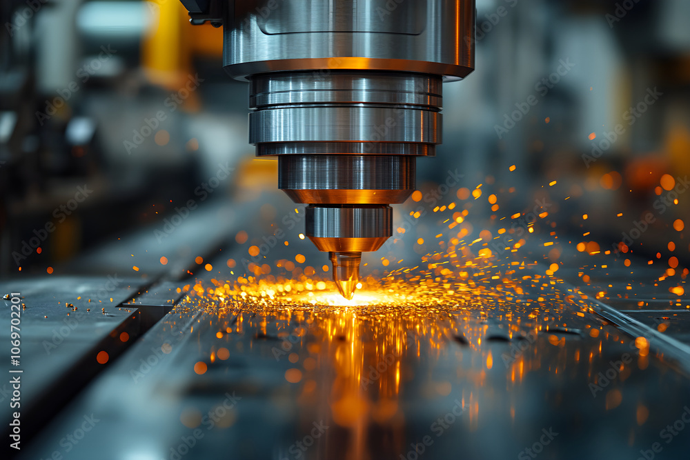 A CNC milling machine in action, cutting into a metal workpiece with sparks flying. A CNC milling machine in action, cutting into a metal workpiece with sparks flying.