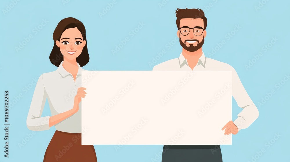Professional man and woman holding a blank sign, providing space for group communication Professional man and woman holding a blank sign, providing space for group communication