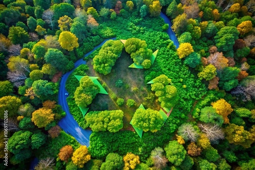 Artistic Representation of a Recycling Symbol in Abstract Green Hues, Emphasizing Sustainability and Environmental Awareness through Drone Photography and Creative Visuals