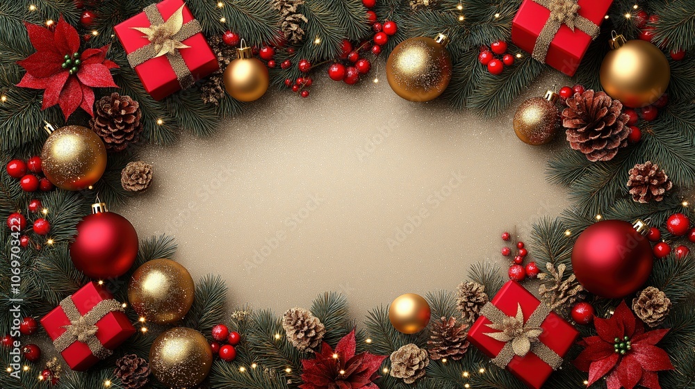 Festive Christmas Frame with Red Gifts, Ornaments, and Pinecones Festive Christmas Frame with Red Gifts, Ornaments, and Pinecones