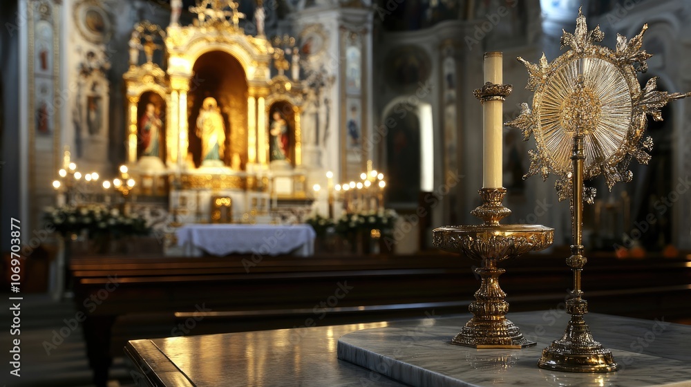 Fototapeta premium Eucharistic symbol, church monstrance embodying spiritual reverence, consecrated host for adoration, representing connection between believers and sacred through worship and prayer.