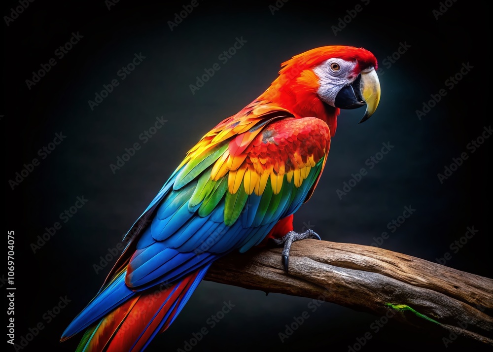 Obraz premium A Stunning Macaw Perched on a Branch with Vibrant Feathers and Sharp Beak Captured Against a Black Background, Highlighting Its Striking and Colorful Appearance in Urban Exploration Photography