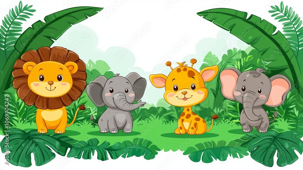 Obraz premium Cute Cartoon Animals for Kids in Jungle Background