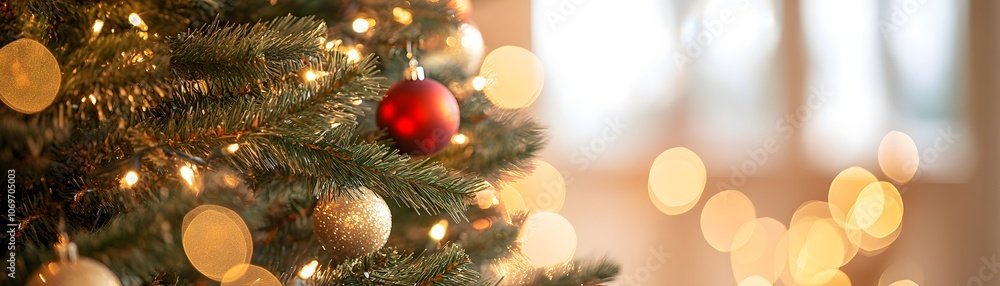 Fototapeta premium Close-up of a Decorated Christmas Tree with Red and Gold Ornaments