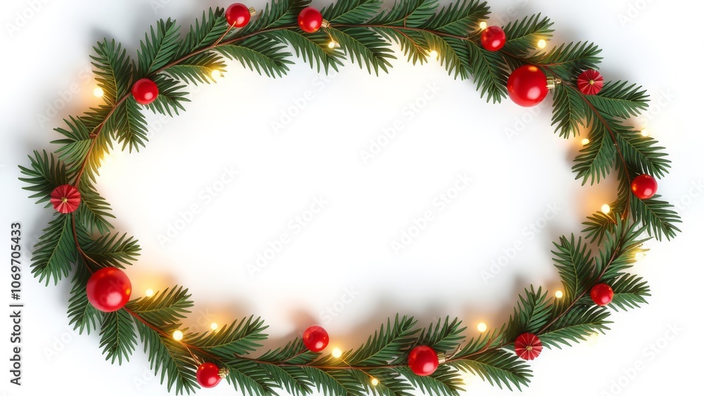 Christmas wreath in oval shape made from evergreen branches, decorated with red ornaments, berries and glowing string lights on white background. Perfect holiday and seasonal decor, space for text. Christmas wreath in oval shape made from evergreen branches, decorated with red ornaments, berries and glowing string lights on white background. Perfect holiday and seasonal decor, space for text.