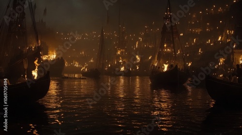 A serene shot of the Ganga Aarti at the Dashashwamedh Ghat in Varanasi, highlighting the spiritual architecture and vibrant rituals of Hindu worship photo