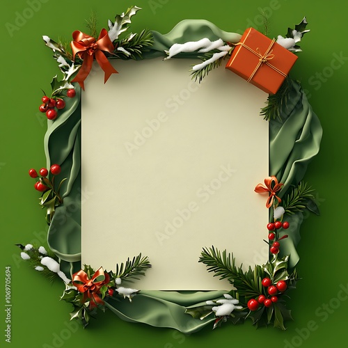 3D illustration of an empty sheet of paper with a Christmas theme featuring gifts, snow, and mistletoe, set on a vibrant green background