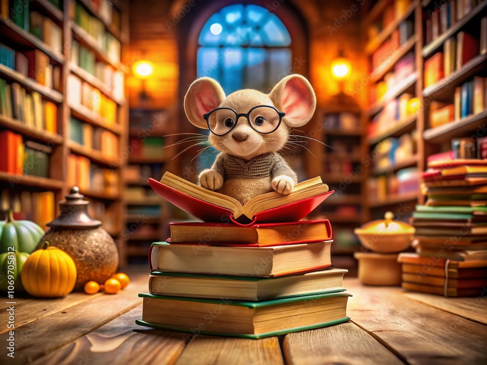 A Whimsical Scene of a Funny Toy Mouse Reading Books in a Cozy Library Setting with Colorful Bookshelves and Soft Lighting, Perfect for Capturing the Joy of Imagination and Learning A Whimsical Scene of a Funny Toy Mouse Reading Books in a Cozy Library Setting with Colorful Bookshelves and Soft Lighting, Perfect for Capturing the Joy of Imagination and Learning