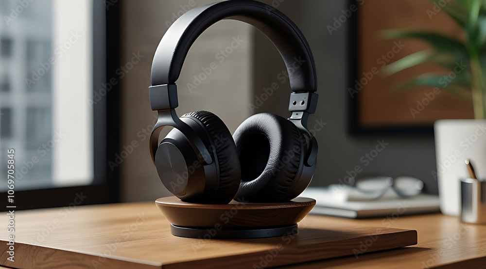 Mock-Up of a Stylish Headphone Stand with Modern Headphones, Placed on a Simple Desk Setup with Minimal Accessories Mock-Up of a Stylish Headphone Stand with Modern Headphones, Placed on a Simple Desk Setup with Minimal Accessories