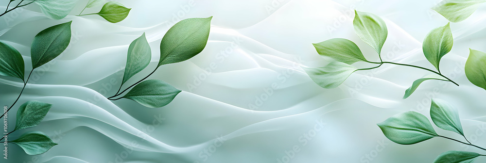 Green Leaves on White Draped Fabric Background, Elegant Minimalist Design Green Leaves on White Draped Fabric Background, Elegant Minimalist Design