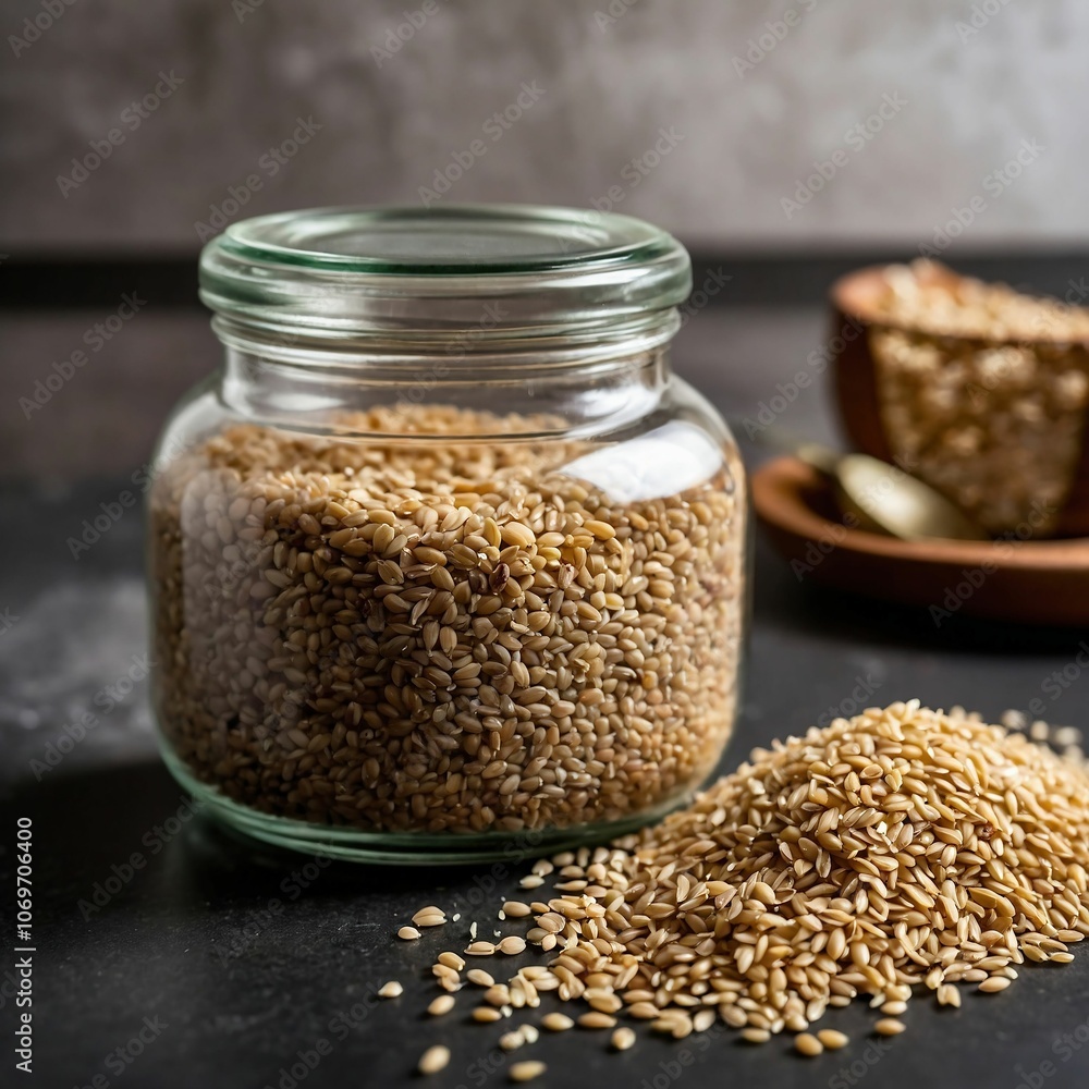 Glass Jar of Wheat Grains with Spill on Table
Glass Jar of Wheat Grains with Spill on Table