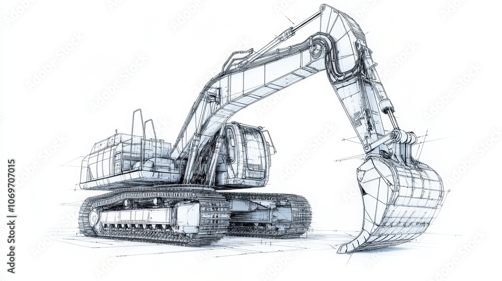 A side view of a heavy-duty excavator rendered in high detail, with blueprint overlays illustrating its engineering specifications and component details A side view of a heavy-duty excavator rendered in high detail, with blueprint overlays illustrating its engineering specifications and component details