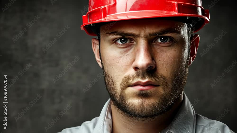 A construction worker with a serious expression looks directly at the camera A construction worker with a serious expression looks directly at the camera