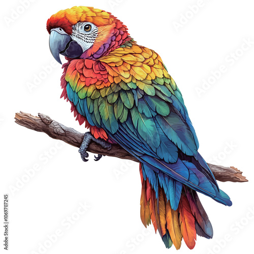 Colorful macaw parrot isolated on white background. Watercolor illustration 