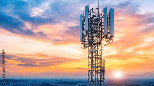 A tall cell phone tower against sunset sky. This photo can be used for articles about technology, communication, or urban landscapes.