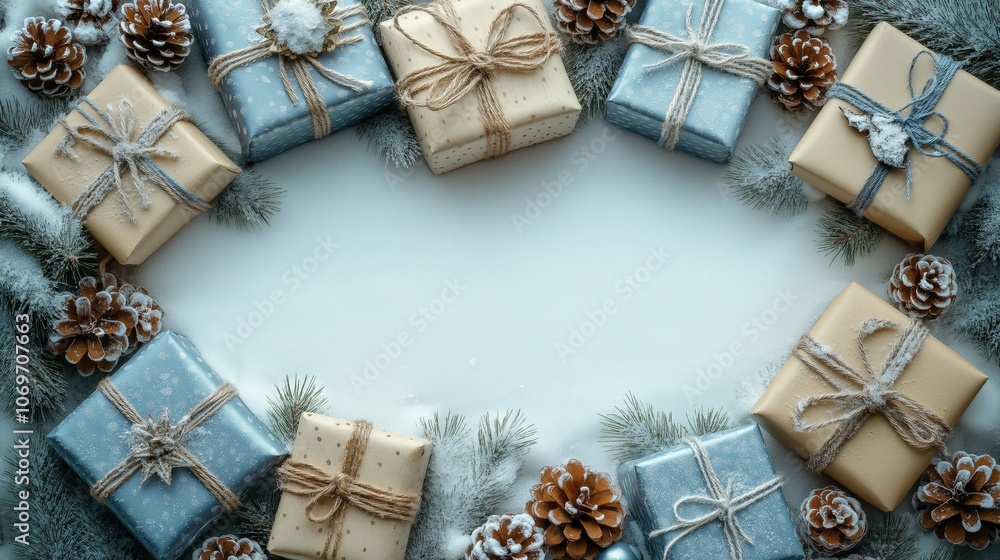 Fototapeta premium Blue and beige Christmas gift boxes with twine and pine cones on frosty background