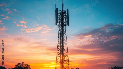 Wallpaper Mural Silhouette of a cell tower against a colorful sunset. This image represents the growth and expansion of communication technology. Torontodigital.ca
