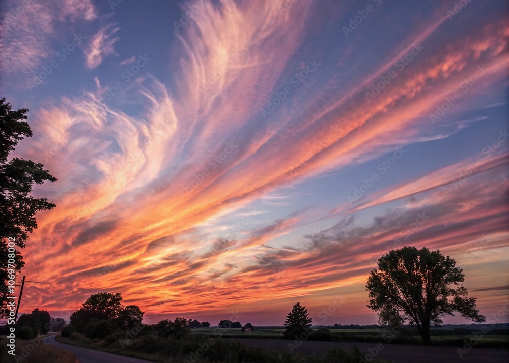 Fototapeta premium Breathtaking Candid Photography of Cirrus Clouds Illuminated by a Vibrant Sunset, Capturing Nature's Palette in a Stunning Sky Landscape