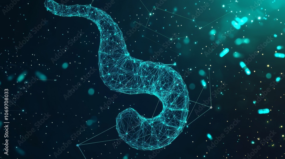 2410_097.low-poly human stomach outline, luminous teal pharmaceutical capsules, geometric network overlay, starry void backdrop, digital health illustration 2410_097.low-poly human stomach outline, luminous teal pharmaceutical capsules, geometric network overlay, starry void backdrop, digital health illustration