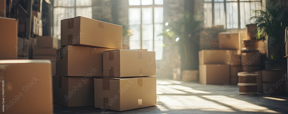 A Stack of Cardboard Boxes in a Room with a Window and Sunlight Streaming In A Stack of Cardboard Boxes in a Room with a Window and Sunlight Streaming In