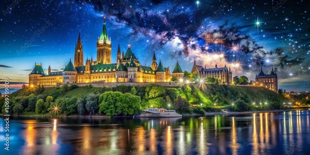 Obraz premium Breathtaking Night View of Parliament Hill in Ottawa with Illuminated Gothic Architecture and Starry Sky, Capturing the Essence of Canadian Heritage and Nighttime Beauty