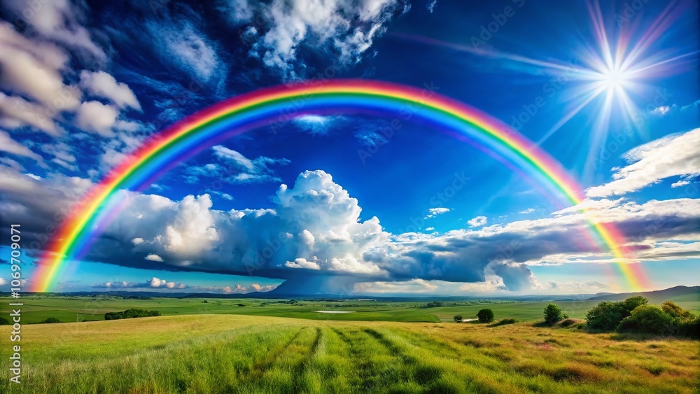 Breathtaking Panoramic View of a Vibrant Rainbow Arching Across a Blue Sky Interspersed with Fluffy White Clouds, Capturing the Essence of Nature's Beauty and Tranquility Breathtaking Panoramic View of a Vibrant Rainbow Arching Across a Blue Sky Interspersed with Fluffy White Clouds, Capturing the Essence of Nature's Beauty and Tranquility