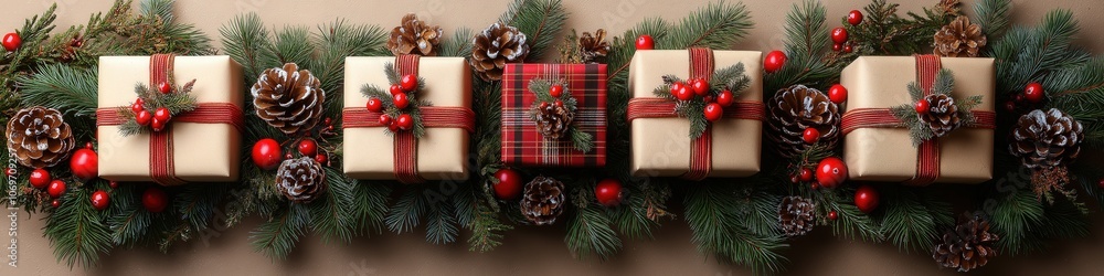 Christmas gifts with red plaid ribbon, pine cones, and festive garland Christmas gifts with red plaid ribbon, pine cones, and festive garland