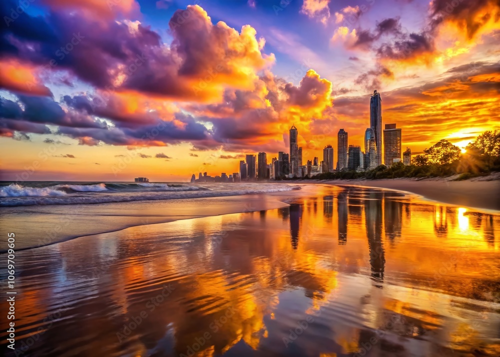 Fototapeta premium Breathtaking Sunset Views Over Gold Coast Cityscape and Beach, Capturing Vibrant Colors and Serene Atmosphere in a Stunning Product Photography Style