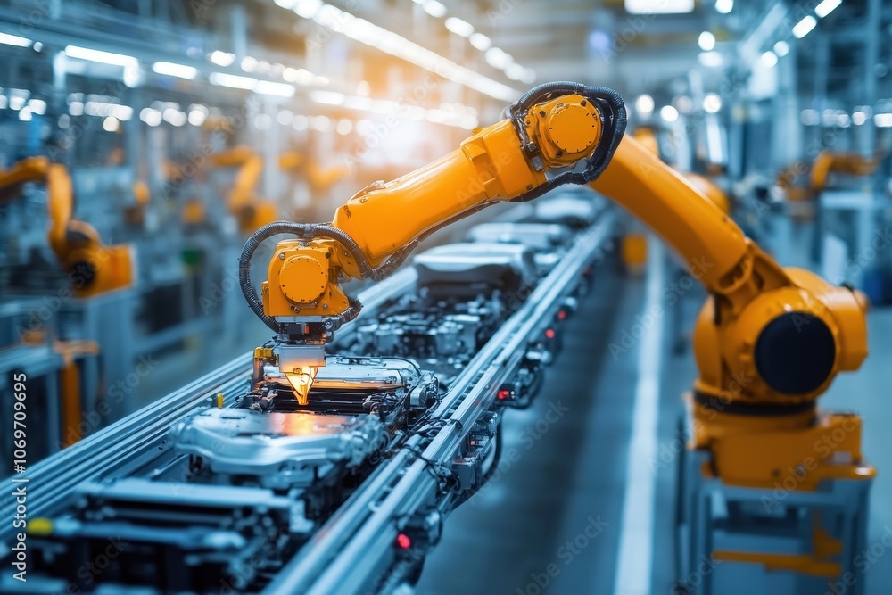 Yellow robot arm on an assembly line. The robot arm is part of an automated manufacturing process, showcasing advanced technology and industrial automation. Yellow robot arm on an assembly line. The robot arm is part of an automated manufacturing process, showcasing advanced technology and industrial automation.