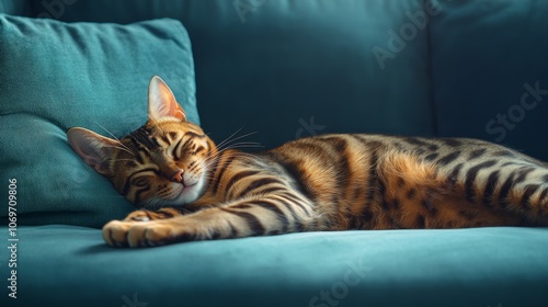 Toyger Cat Relaxing on a Soft Sofa with High Contrast in Minimalist Blue and Green Tones, Side View with Dark Background and Shadow Play, Captured with Sony Alpha A7 III