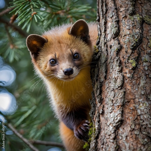 Curious Eyes: A Pine Marten’s Look from Above photo