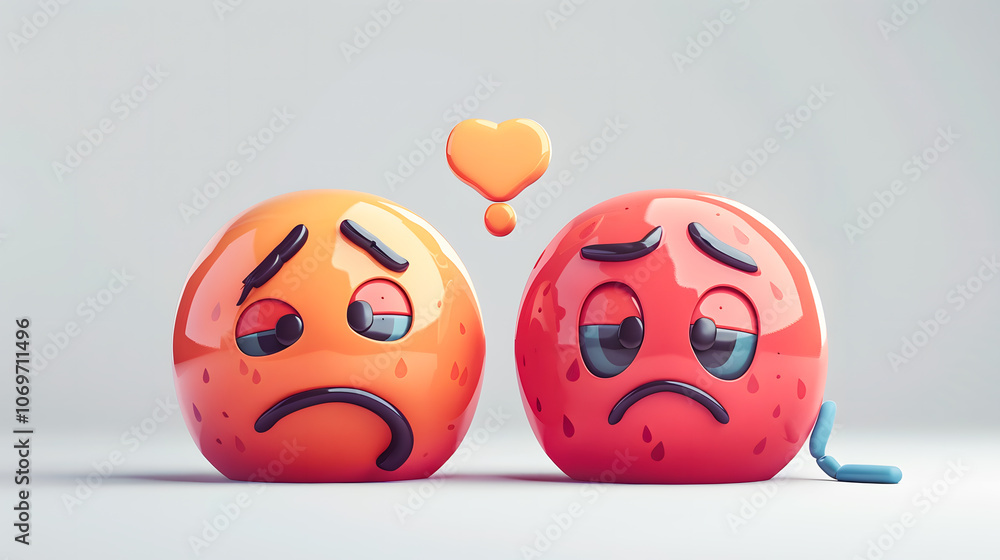 The image features two round emojis, one red with a teardrop expression and the other orange with a frown, showcasing emotions of sadness and disappointment in a minimalistic setting. The image features two round emojis, one red with a teardrop expression and the other orange with a frown, showcasing emotions of sadness and disappointment in a minimalistic setting.