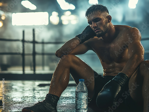 Sweat-drenched boxer takes a moment of reflection on the gym bench after intense training session photo