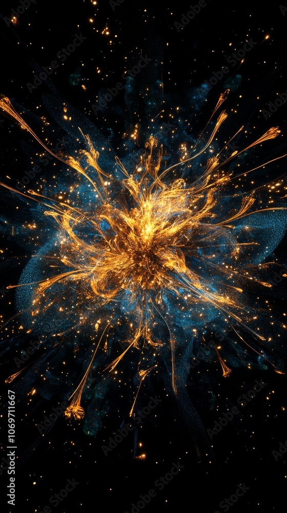 Glowing Gold and Blue Fireworks Bursting in the Night Sky