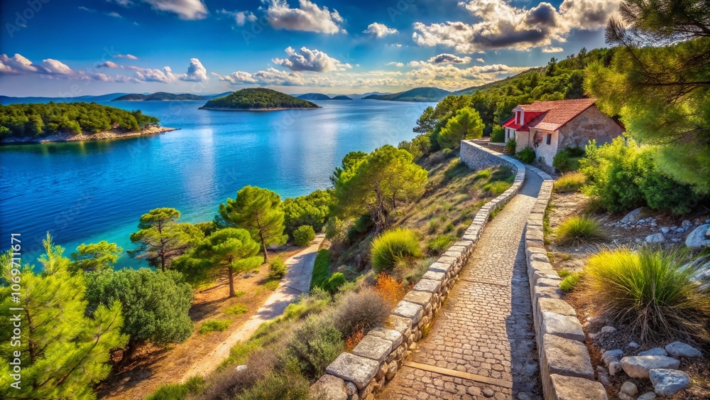 Fototapeta premium Captivating Architectural Photography of Dugi Robak: A Serene Coastal Pathway Surrounded by Lush Greenery and Breathtaking Views of the Adriatic Sea in Croatia