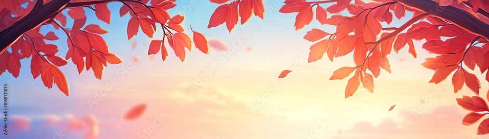 Vibrant red leaves against a soft pastel sky during sunset. Vibrant red leaves against a soft pastel sky during sunset.