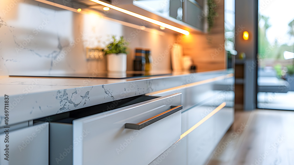 Detailed shot of sleek cabinetry drawers in a recently remodelled contemporary kitchen with a fresh white color scheme Detailed shot of sleek cabinetry drawers in a recently remodelled contemporary kitchen with a fresh white color scheme