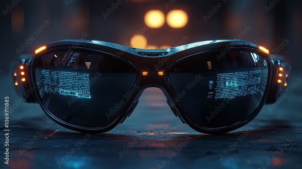 Future oriented high-tech sunglasses with dark reflective lenses and integrated technology, cyberpunk style, streamlined tactical design, equipped with a small camera and built-in headphones Future oriented high-tech sunglasses with dark reflective lenses and integrated technology, cyberpunk style, streamlined tactical design, equipped with a small camera and built-in headphones