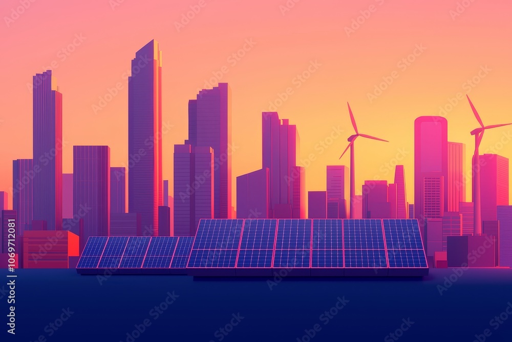 Futuristic city skyline at sunset, showcasing solar panels and wind turbines Futuristic city skyline at sunset, showcasing solar panels and wind turbines