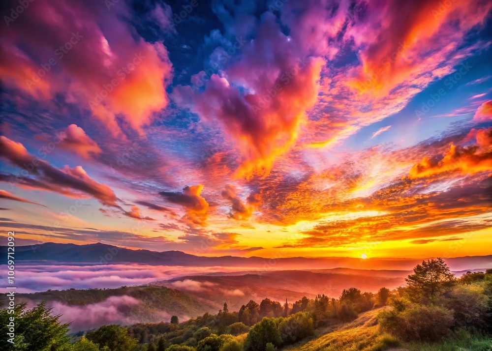 Fototapeta premium Captivating Beauty of a Colorful Sunrise Over a Tranquil Landscape with Vibrant Hues and Soft Clouds, Perfectly Positioned for a Serene Morning Experience