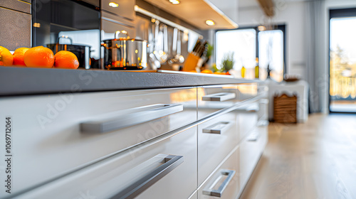 Detailed shot of sleek cabinetry drawers in a recently remodelled contemporary kitchen with a fresh white color scheme